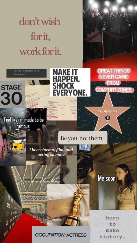 acting vision board ! #acting #actress #manifestingreality #quotes Vision Board For Actress, Manifesting Acting Career, Actress Manifest Board, Theatre Vision Board, Acting Career Affirmations, Acting Quotes Inspirational, Vision Board Acting, Acting Career Aesthetic Vision Board, Actress Affirmations