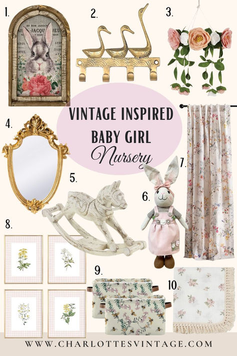 Decorate your baby girl's nursery with these vintage-inspired finds #sponsored | vintage bunny wall decor,  rocking horse, flower crib mobile, antique-style mirror, floral swaddle blanket, floral curtains, vintage all hooks, goose wall hooks, vintage bees flowers storage box, floral botanical art prints. Vintage Rose Nursery, Garden Theme Nursery Girl, Antique Nursery Decor Girl, Antique Themed Nursery, Vintage Inspired Nursery Girl, Vintage Bunny Nursery, Pink Vintage Nursery, Baby Girl Vintage Nursery, Cottagecore Nursery Girl