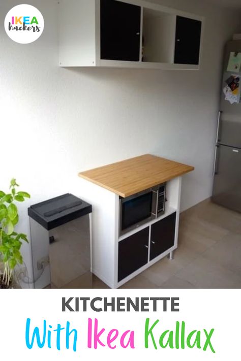 We were a bit short on storage and countertop space in the kitchen. So I started thinking about adding inexpensive storage and also to carve out a space for the microwave. After various considerations, I decided to create a suitable solution based on the IKEA KALLAX shelving unit. This is how the finished solution looks like. Ikea Microwave Cabinet Hack, Ikea Countertop Hack, Ikea Microwave Cabinet, Kallax Kitchen Storage, Microwave Furniture, Diy Microwave Stand, Microwave Storage Ideas, Kitchenette Ikea, Ikea Shelving Unit