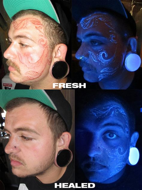 Na’vi Tattoo Ideas, Invisible Ink Tattoo, White Tattoo Healed, White Ink Face Tattoo, Sick Tattoo Ideas, White Face Tattoo, White Ink Tattoo On Dark Skin, Big Tattoo Ideas, Blacklight Tattoo