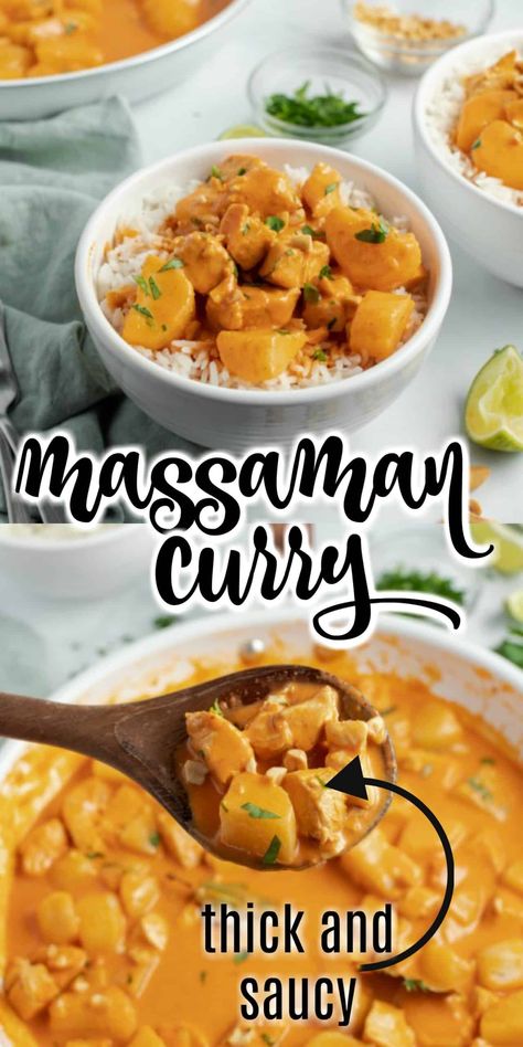 Creamy and flavorful Massaman Curry  is just as good as any restaurant dish. With the right blend of spice and sweetness, this Thai curry recipe is bound to become your family's new favorite dinner! Masa Man Curry, Crockpot Massaman Curry, Massaman Curry Instant Pot, Quick Cozy Dinner, Chicken Massaman, Massaman Curry Recipe, Thai Curry Recipe, Chicken Massaman Curry, Apple Curry