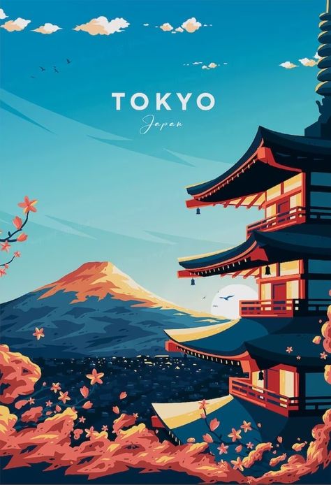 Tokyo Travel Poster, Travel Collage, Travel Poster Design, Vintage Poster Design, Retro Travel Poster, City Illustration, Tokyo Travel, Travel Illustration, Travel Wall