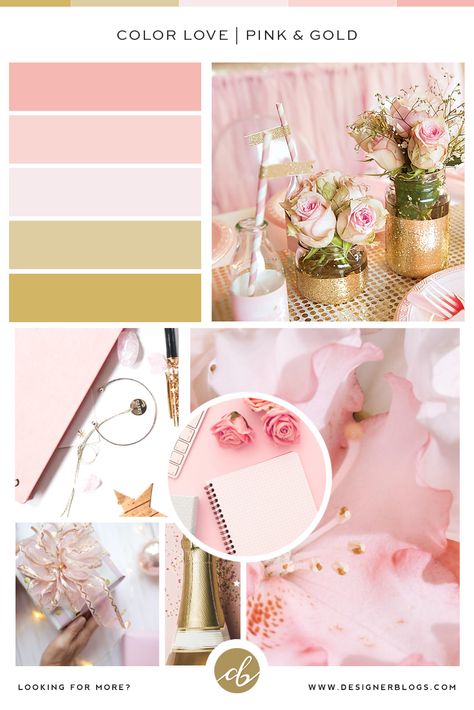 Pink and gold color palette inspirations Pastel And Gold Color Palette, Sweet 16 Color Schemes Pink, Pink And Gold Color Scheme, Gold Pink Color Palette, Gold And Pink Color Palette, Gold Palette Colour Schemes, Pink And Gold Palette, Princess Color Palette, Blush Pink Gold White Color Palette