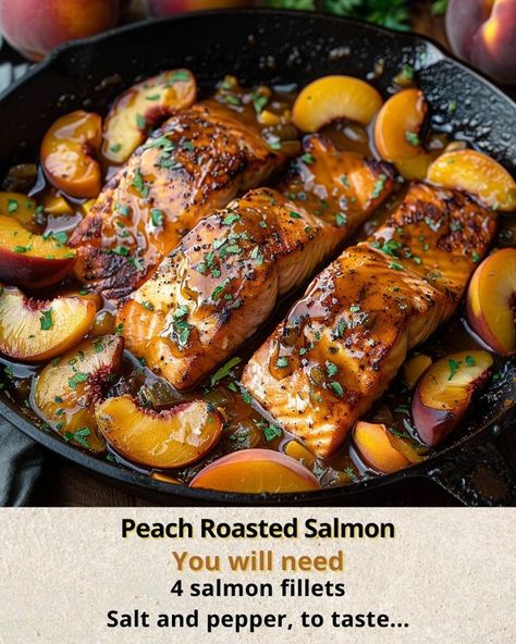 Ashley’s Recipes | Peach Roasted Salmon | Facebook Fall Salmon, Roasted Salmon, Salmon Fillets, Sea Food, Peaches, Garlic Cloves, Salt And Pepper, Olive Oil, Seafood