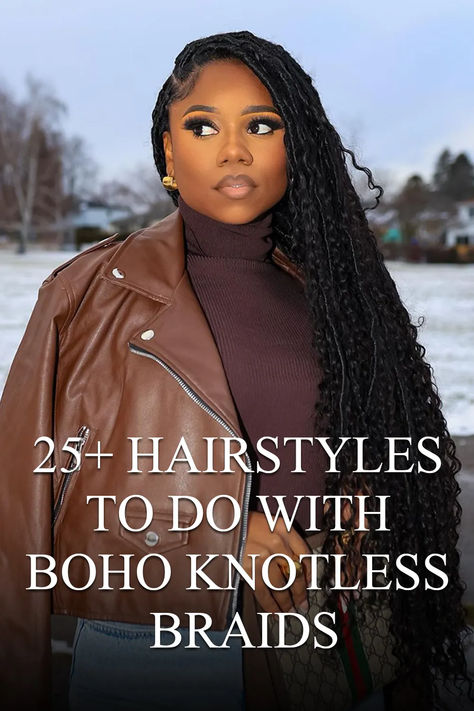 25+ Stunning Hairstyles to Try with Boho Knotless Braids How To Style My Bohemian Braids, Boho Braids With Human Hair Black Women, Boho Knotless Braids Maintenance, Ways To Wear Boho Knotless Braids, Different Styles With Knotless Braids, Boho Braid Style Ideas, Bohemian Braid Hairstyles, Triangle Boho Knotless Braids, Ways To Style Bohemian Knotless Braids