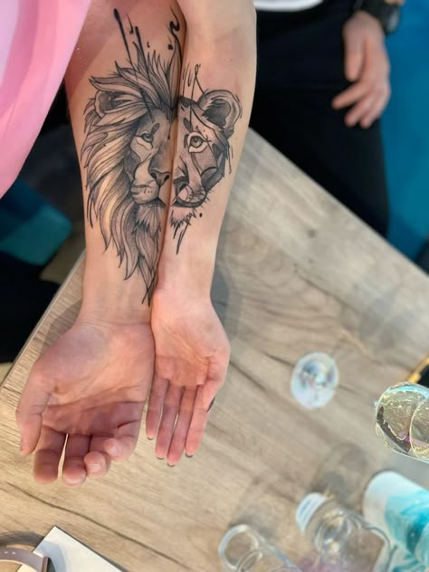 Lion Tattoo Couple Matching, Tattoos For Him And Her Couples, Matching Tattoos Lion And Lioness, Husband Wife Lion Tattoos, Power Couple Tattoo Ideas, Lion Tattoo For Couples, Lion Tattoo Couple, Tiger Couple Tattoo, Lion Lioness Tattoo Couple