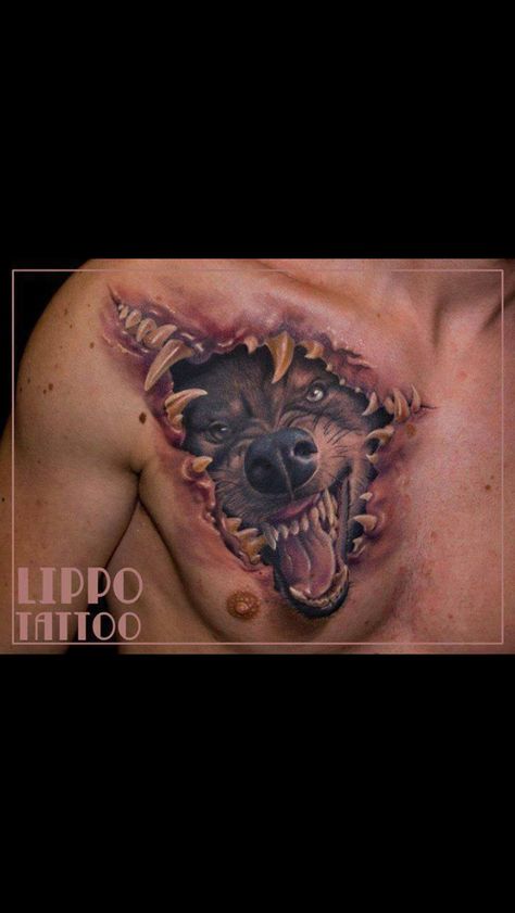 Wolf coming out of skin tattoo Wolf Hand Tattoo, Teeth Tattoo, Ripped Skin Tattoo, Werewolf Tattoo, Tatoo 3d, Skin Tattoo, Wolf Tattoo Design, Geniale Tattoos, Weird Tattoos