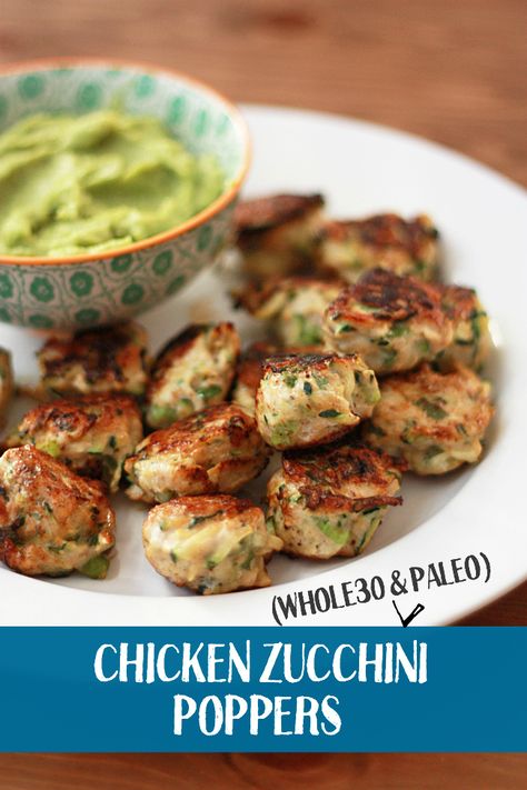 These Chicken Zucchini Poppers are squeaky clean, but not short on flavor! (Gluten free, paleo, & one of the most popular Whole30 recipes on the web!) Zucchini Poppers, Chicken Zucchini Poppers, Paleo Snack, Ideal Protein Recipes, Chicken Zucchini, Chicken Food, Recipe 30, Paleo Snacks, Think Food