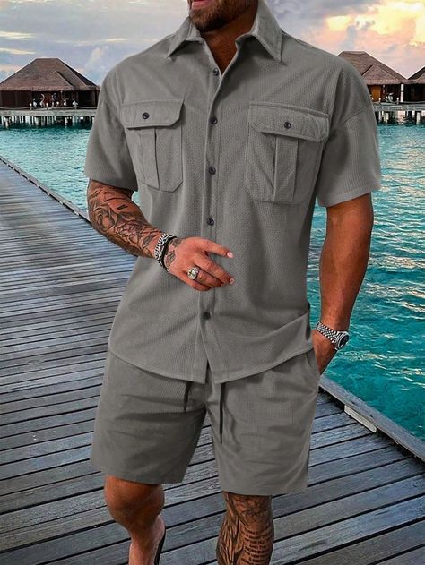 Manfinity Homme Men Flap Pocket Shirt & ShortsI discovered amazing products on SHEIN.com, come check them out! Kurta Design, Vacation Style, Pocket Shirt, Kurta Designs, Hot Weather, Amazing Products, Flap Pocket, Collar, Clothes