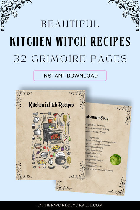 Download a powerful set of 32 miscellaneous Kitchen Witch Recipes Grimoire Pages (SIZE: North American standard letter size 8.5″ by 11″) with magical recipes for tea blends, roast chicken, seasonal soups, mulled wine and more! – DOWNLOAD the Files and PRINT for your own personal kitchen witch Book of Shadows today! Makes a great addition to any witch’s grimoire! And great for beginning kitchen witches to start their personal hearth spellbook. Kitchen Grimoire Ideas, Kitchen Witchery Recipes, Witchcraft Recipes Kitchen Witch, Kitchen Witch Recipes Book Of Shadows, Witch Recipe Book, Witchcraft Recipes, Witch’s Kitchen, Seasonal Soups, Witch Book Of Shadows