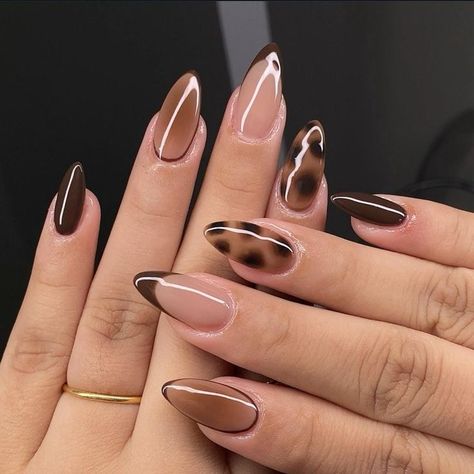 Brown And Cheetah Nails, Cheetah Almond Nails, Brown Almond Acrylic Nails, Almond Brown Nails, Cheetah Fall Nails, Tortoise Shell Nails, Shell Nails, Cheetah Nails, Custom Press On Nails