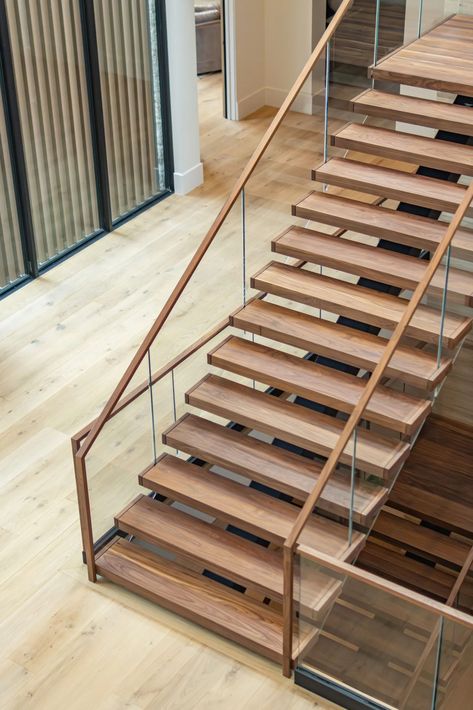 Wood And Glass Staircase Railing, Wood And Glass Staircase, Glass Staircase Railing, Wood Handrail, Stairs Design Interior, Glass Staircase, Floating Stairs, Floating Staircase, Staircase Railings