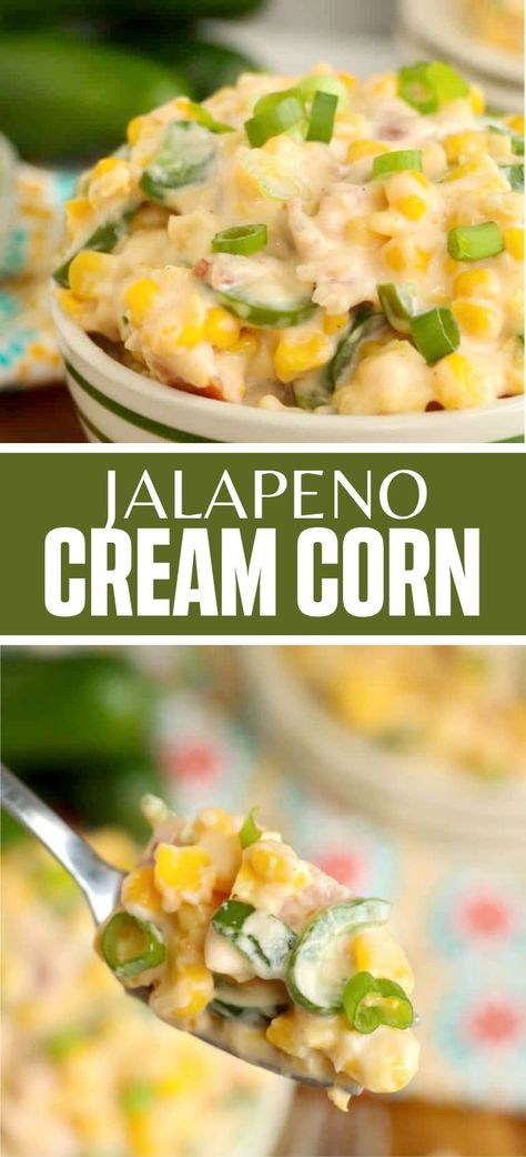 Collage of bowlful of jalapeno creamed corn at top and spoonful of jalapeno creamed corn at bottom. Jalapeno Cream Cheese Corn, Corn Casserole With Cream Cheese And Jalapeno, Cream Cheese Jalapeño Corn, Slow Cooker Cream Corn, Jalapeno Cream Corn Crockpot, Cheesy Corn Crockpot, Jalapeño Cream Corn, Jalapeno Creamed Corn, Cream Corn Crockpot