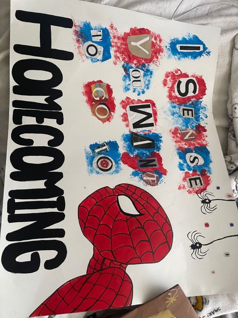 Spiderman Homecoming Poster Ideas, Spider Man Homecoming Poster Ideas, Spider Man Dance Proposal, Spiderman Hoco Proposals Ideas, Hoco Poster Ideas Spiderman, Cute Hoco Ideas Poster, Spider Man Proposal, Spider Man Hoco Proposal Poster, Wall-e Hoco Proposal