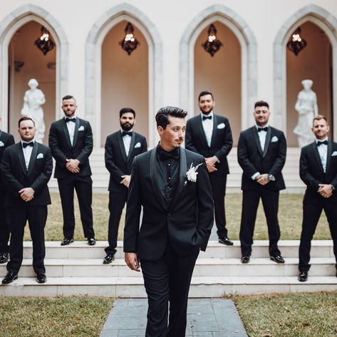 Groomsmen 3 Piece Suit Black, Wedding All Black Suit Grooms, Black And White Groom And Groomsmen, Groom All Black Attire, Black Out Tux Wedding, Groom In All Black Suit, Black Wedding Men Suit, Modern Groomsmen Attire Black, Wedding Party Dressed In Black