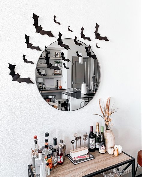 Halloween Bat Decorations Indoor, Bats On Mirror Decor, Bats Across Mirror, Paper Bats Halloween Decorations, Bats On Wall Halloween Decor, Halloween Bats On Wall, Bats On Wall Decor, Halloween Entry Table, Paper Bats