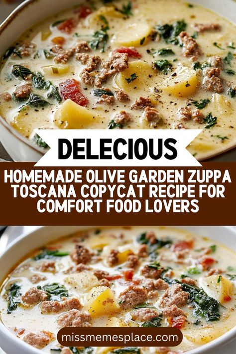 If you're a comfort food lover, this homemade Olive Garden Zuppa Toscana copycat recipe is a must-try! Featuring a luscious and creamy broth filled with spicy Italian sausage, hearty potatoes, and vibrant kale, this soup is perfect for warming up cold evenings. With our step-by-step guide, you can easily create this Italian classic in the comfort of your own home. Share it with family and friends or enjoy it solo—either way, it's a bowl of happiness you won't want to miss! Mock Olive Garden Soup, Spicy Zuppa Toscana Soup, What To Serve With Zuppa Toscana Soup, Zoupa Tuscana Olive Garden, Olive Garden Sausage Tortellini Soup, Zuppa Toscana Soup Olive Garden Crock Pot, Olive Garden Zuppa Toscana Soup Vegan, Zappa Toscana Olive Garden Copycat, Olive Garden Zuppa Toscana Soup Copycat Copy Cat Recipe Easy