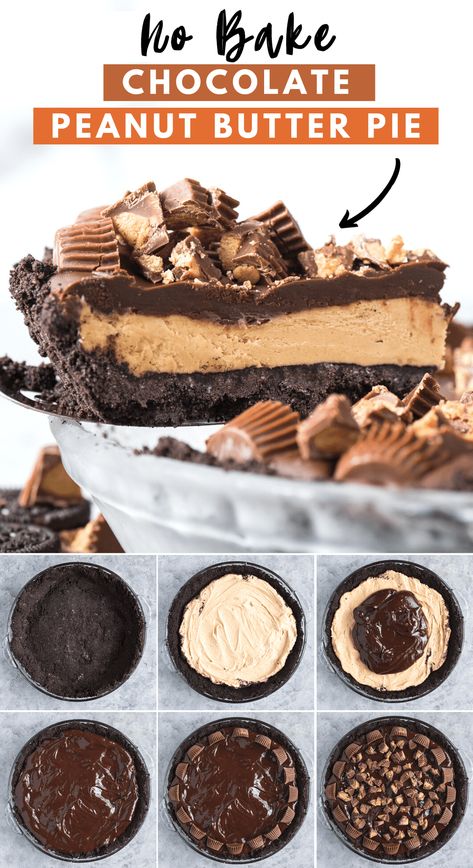 Our reese peanut butter cups pie recipe is the perfect no bake dessert made with only 8 ingredients! This reese’s pie has an oreo crust, creamy peanut butter filling and is loaded with reese’s peanut butter cups. Peanut Butter Cup Pie Recipe, Peanut Butter Pies, Pie No Bake, Chocolate Peanut Butter Pie, Easy Chocolate Desserts, Cake Mug, Dessert Aux Fruits, Oreo Crust, Peanut Butter Desserts