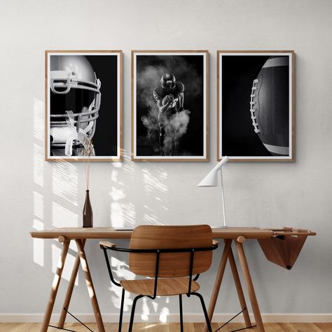 This is a 3-piece football print set in black and white. It's unique and will look great in a teen room, game or dorm room and will fit in beautifully with minimalist decor.  >>THIS IS A DIGITAL PRODUCT THAT WILL BE DELIVERED TO YOUR EMAIL ADDRESS. If you are only interested in the physical download, you can find it here: https://www.etsy.com/listing/1649141302/framed-teen-boy-room-decor-3-piece?ref=listings_manager_grid<< This triptych is modern and will also work well in a bedroom, for example Football Game Room, Teenage Boys Bedroom Ideas Football, Teen Boy Football Bedroom, Boys Football Room Ideas, Teen Boy Bedroom Football, Football Themed Bedroom For Boys, Football Themed Boys Room, Football Room For Boys, Black And White Teen Room