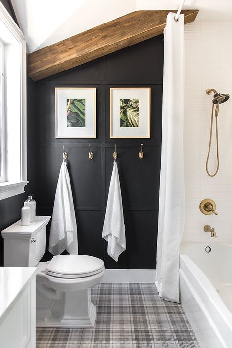 Guest Bathroom Reveal: Heights House Chalet Powder Room, Southern Guest Bathroom, Vintage Cabin Bathroom, Galley Master Bath, Blue And Black Bathroom, Shower Curtain Ideas Bathroom, Historic Bathroom, Bathroom 2023, Tahoe House