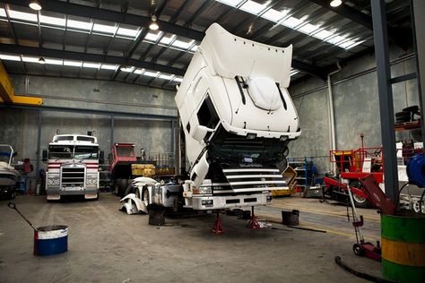 Truck Shop Garage, Truck Repair Shop, Truck Workshop, Dream Workshop, Truck Mechanic, Shop Truck, Truck Repair, Brake Repair, Heavy Duty Trucks