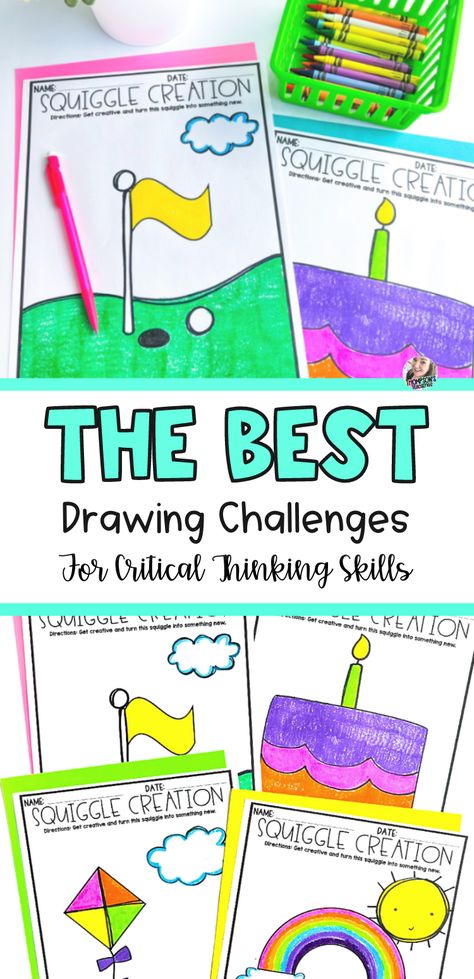 Engage your students and help them develop critical thinking skills with these squiggle drawing challenges! Your classroom students will love these coloring and drawing activities. Use them for morning work, early finishers, brain breaks, and more. These no prep printables are perfect for kindergarten, 1st grade, and 2nd grade kids. They are great for enhancing critical thinking skills and are no prep. Learn more here! Squiggle Drawing, Critical Thinking Skills Activities, 2nd Grade Crafts, Math Early Finishers, Space Crafts For Kids, Drawing Challenges, Critical Thinking Activities, Early Finishers Activities, Elementary Activities