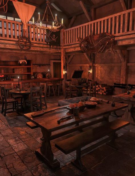 FG Pirate Bar Pirate Pub Aesthetic, Pirate Bar Aesthetic, Pirate Astethic Room, Pirate Cabin Bedroom, Pirate Ship Kitchen, Pirate Town Aesthetic, Fantasy Bar Art, Pirate Core Room, Pirate House Decor