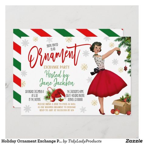 Holiday Ornament Exchange Party Invitation Vintage Christmas Party Invitations, Retro Christmas Party, Christmas Closet, Ornament Exchange Party, Vintage Christmas Party, Open House Parties, Holiday Graphics, Ornament Exchange, Christmas Party Invitation