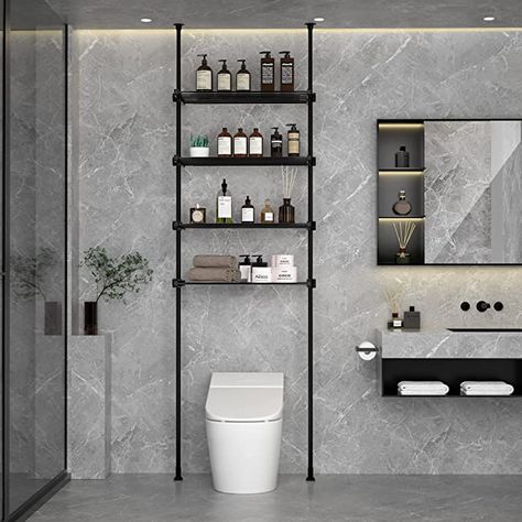 Metal Shelves Bathroom, Washroom Racks Bathroom Storage, Modern Over Toilet Storage, Black Shelves Bathroom, Bathroom Racks Ideas Shelves, Over Toilet Shelves, Shelf In Bathroom, Over Toilet Shelf, Towel Shelf Bathroom