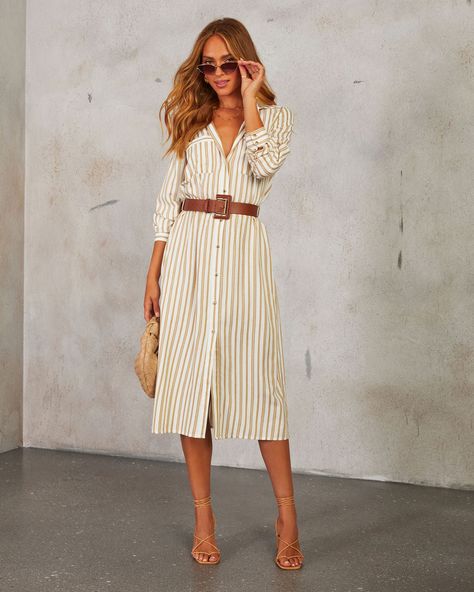 Perfect for breezy summer days or layered for cooler evenings, the Santos Belted Midi Shirt Dress, is where chic sophistication meets effortless style. Designed with a lightweight cotton fabric, this dress is your go-to for both casual and polished looks. The detachable waist belt with a sleek buckle cinches your waist, adding a tailored touch, while the front button closure and breast slip pockets bring a hint of utility chic. Lightweight cotton fabric Detachable waist belt with buckle closure Breast slip pockets Front button closure Unlined 80% Polyester 20% Cotton Business Casual Dresses Summer, Real Estate Attire, Professional Dress For Women, Look Good Everyday, Real Estate Outfits, Resort Outfit Ideas, Elegance Aesthetic, French Style Clothing, Beachy Chic