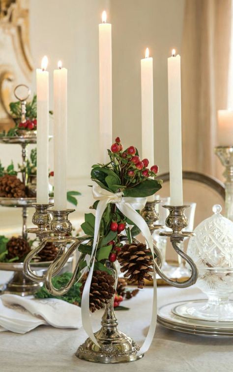 Candelabra Christmas Centerpiece, Christmas Candelabra Decor, Christmas Candelabra Ideas, Taper Candle Centerpiece Christmas, Christmas Candleabra Centerpiece, Ornament Candle Centerpiece, Silver Candelabra Centerpiece, Crystal Bowl Christmas Centerpiece Candle, Christmas Candelabra