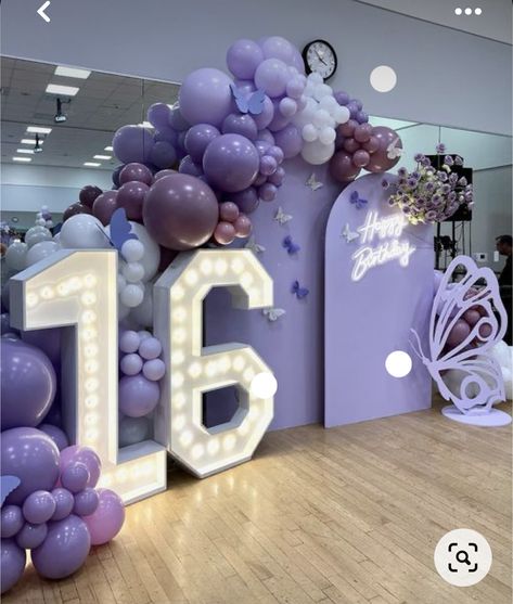 Sweet 16 Party Ideas Purple Butterfly, Shades Of Purple Birthday Decorations, Sweet 16 Entryway Ideas, Sweet 15 Balloon Decorations, Sweet 16 Marquee Numbers, Sweet 16 Party Balloons, Sweet Sixteen Balloons Decorations, Purple Silver Sweet 16, Sweet 16 Arch Ideas