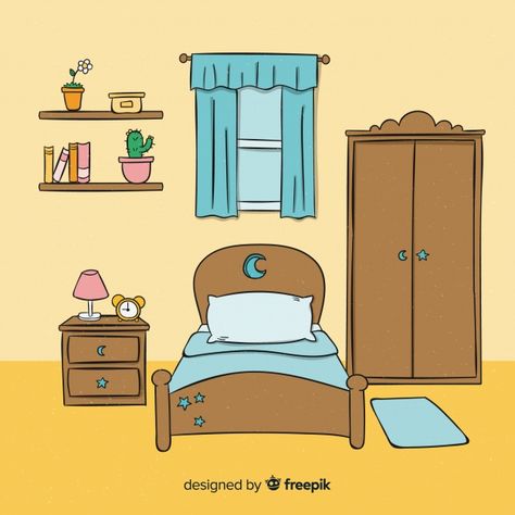 Lovely hand drawn bedroom design Free Vector Drawn Bedroom, Bed Cartoon, Bedroom Cartoon, Bedroom Illustration, Whatsapp Wallpapers Hd, Bedroom Drawing, Paper Doll House, Flashcards For Kids, Kids Vector