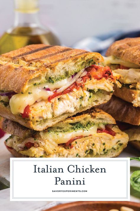 This Italian Chicken Panini is made up of crusty bread filled with gooey mozzarella cheese, roasted red pepper, shredded chicken and pesto! Dinner Sandwiches Healthy, Paninis, Grilled Chicken Roasted Red Pepper Sandwich, Best Grilled Sandwiches, Dinner Panini Recipes, Hoagie Sandwiches Chicken, Italian Chicken Panini, Grilled Chicken Pesto Panini, Dinner Ideas Vacation