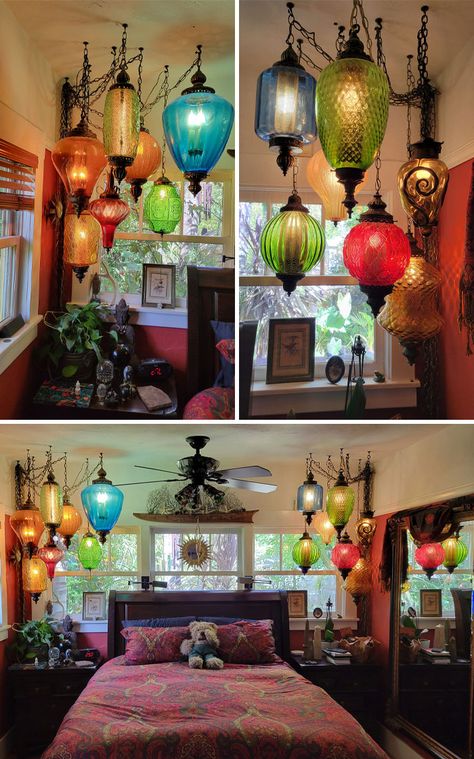 Retro Lighting Ideas, Lamp Display Ideas, Swag Light Bedroom, 70s Hanging Lamp, Vintage Swag Light, Vintage Swag Lamp, Swag Lamps Living Room, Funky Light Fixtures, 70s Lighting Fixtures