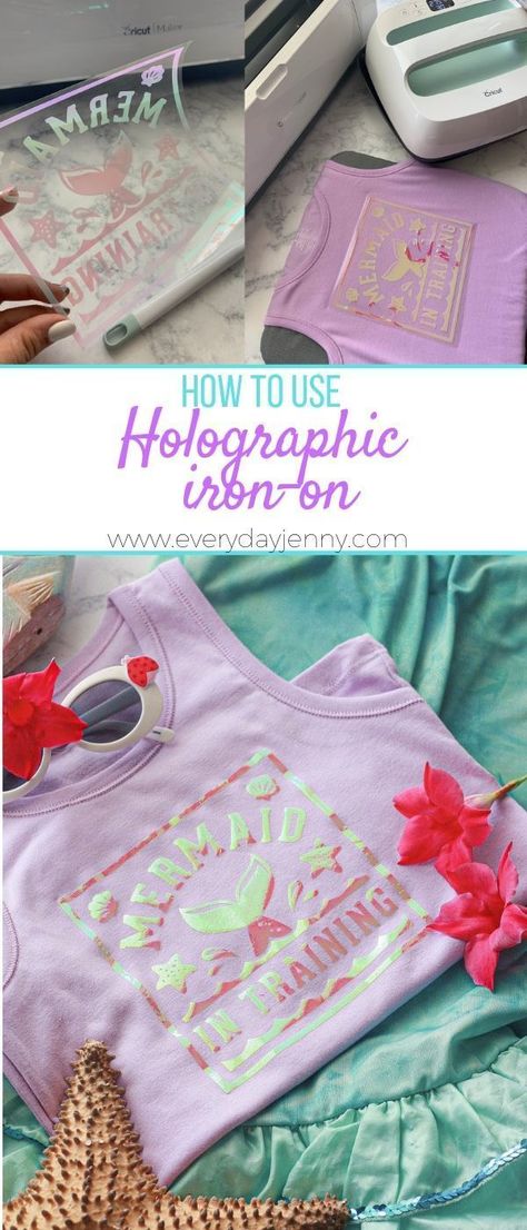 Tutorial for this DIY Mermaid in Training shirt. Learn tips for using Cricut holographic iron-on. This pin was made in partnership with JOANN. #ad #handmadewithjoann #Cricut #Cricutmade Holographic Htv Shirt Ideas, Cricut Holographic Iron On, Holographic Vinyl Shirt, Mermaid Shirts Vinyl, Mermaid Tshirt Ideas, Mermaid Shirt Ideas, Iron On Ideas, Holographic Shirt, Beach 2024