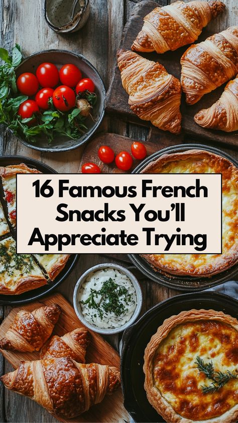 An assortment of famous French snacks, including croissants and quiche, arranged on a rustic wooden table. French Themed Appetizers, France Themed Party Food, French Apero Ideas, French Party Food Ideas, French Inspired Party Food, French Snacks For Kids, French Foods For Party, French Inspired Appetizers, French Appetizer Recipes