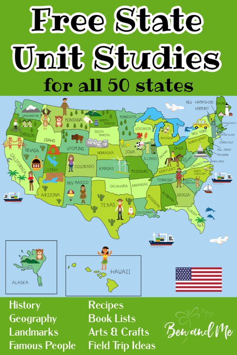 Free State Unit Studies for All 50 States Prek Unit Studies, United States Homeschool Curriculum, 50 States Homeschool, Homeschool Map Activities, Ohio Unit Study, Geography For First Grade, How To Memorize The 50 States, Fifth Grade Homeschool Curriculum, Geography Unit Study