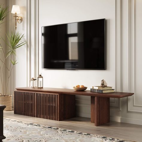 Walnut Tv Wall, Extendable Tv Stand, Tv Drawer, Low Media Console, Walnut Tv Cabinet, Tv Stand Ideas, Credenza Tv, Tv Stand Modern, Storage Entertainment Center