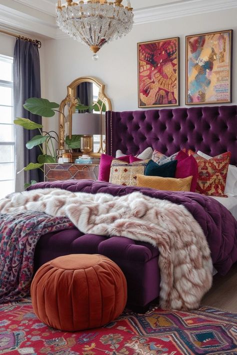 Ecliptic Decor Interior Design, Purple Red Bedroom, Jewel Tone Bedroom White Walls, Boho Purple Bedroom, Jewel Tone Bedding, Girly Adult Bedroom, Bedroom Inspirations Colorful, Boho Bedroom Layout, Jewel Tone Bedroom