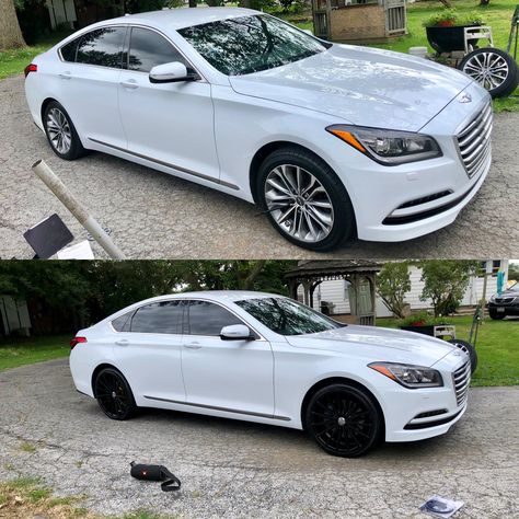 2016 Hyundai Genesis Sedan with 20 inch rims white on black with 15% tinted windows! 5% Tinted Windows, Hyundai Sonata Custom, 20 Inch Rims, Car Aesthetics, Hyundai Genesis, Car Mods, Tinted Windows, Hyundai Sonata, Ram 2500