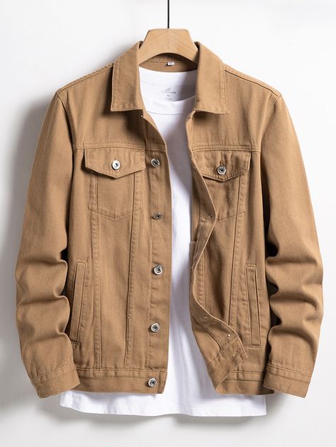 Clothes Without Model, Guys Jacket Outfit, Korean Male Fashion Casual Street Style, Casual Khaki Denim Jacket, Summer Jackets Men, Men’s Jackets, Mens Fall Jackets, Men Outfits Ideas, White Jean Jacket Outfits