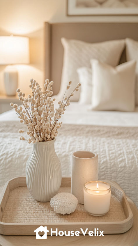 Enhancing your nightstand involves more than functionality; it’s about creating a vignette that complements your room. Bedside table accessories ideas include curated essentials like ceramic vases, stylish lamps, or hardcover books. Add a scented candle or a small tray for jewelry to keep the setup chic yet practical. For a modern look, layer textures with woven coasters or a marble clock. Thoughtful accessories bring personality and charm to one of the most-used surfaces in your home. Nightstand Aesthetic Decor, Bed Tray Decor, Bedside Table Decor Ideas, Nightstand Aesthetic, Creative Bedside Table, Room Bedside Table, Practical Bedroom, Woven Coasters, Tray For Jewelry