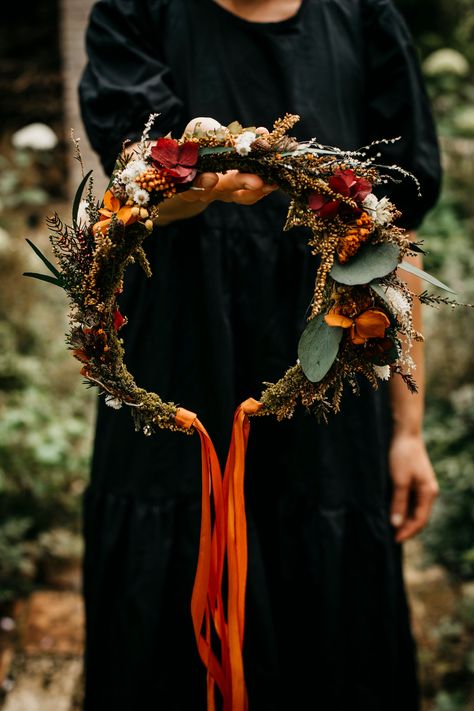 Wild wonderful wreath in orange burgundy ivory brown and eucalyptus-green tones, made of nice preserved and dried flowers and plants with various kinds of preserved eucalyptus. Organic materials only. What are preserved plants and flowers? https://www.etsy.com/shop/LaviAccessories#faq ALMA series: https://etsy.me/3i8rP6Q - bouquet: https://etsy.me/39rKx5y - buttonhole: https://etsy.me/3bBUiAM - wreath: https://etsy.me/3bzVbd4 - ring: https://etsy.me/3slVq1k This floral crown is perfect for a boh Autumnal Flower Crown, German Wedding Traditions, Fall Crown, Fall Flower Crown, Wreath Crown, Flower Head Wreaths, Flower Wreath Hair, German Wedding, Pagan Wedding