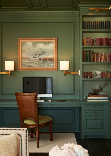 Pasadena - Transitional - Home Office - Los Angeles - by Daniel Jason Cordova, LLC | Houzz Green Home Office Ideas, Home Library Study, Paneled Office, Green Home Office, Green Home Offices, Transitional Home Office, Country Study, Small Space Nursery, Traditional Eclectic