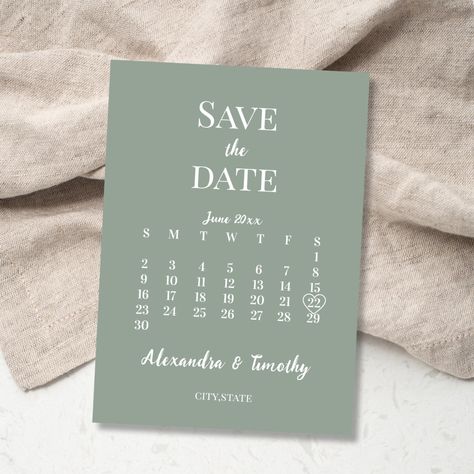 Minimalist Modern Sage Green Calendar Wedding Save The Date Ideas Green, Green Save The Date, Green Calendar, Save The Date Ideas, Colors Background, Modern Save The Dates, Sage Green Color, Sage Wedding, Custom Calendar