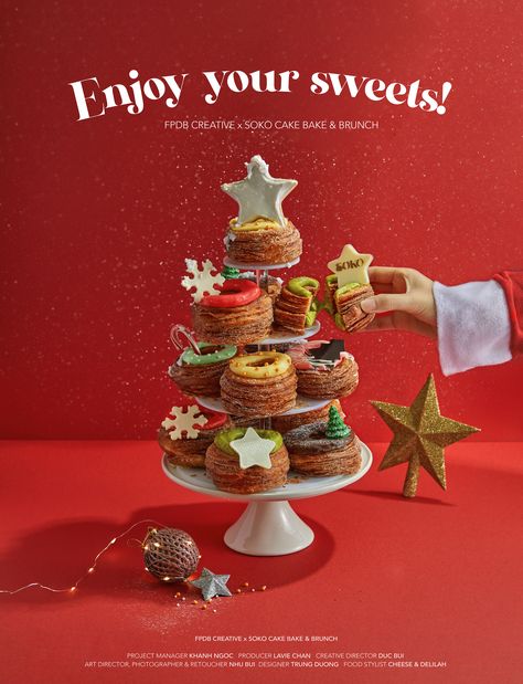 ENJOY YOUR SWEETS! | SOKO Cake, Bake & Brunch on Behance Food Photography Cake, Christmas Food Photography, Cake Photoshoot, Christmas Donuts, Bakery Branding, Food Photoshoot, Christmas Campaign, Saigon Vietnam, New Year's Food