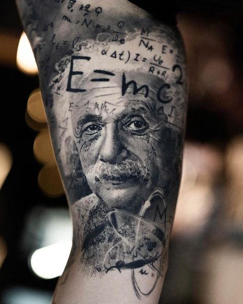 Stevo Tattoo on Instagram: “Love how this Einstein piece healed 😁 @kwadron .⁣ .⁣ .⁣ .⁣ .⁣ #tattooart #realistictattooartisto #tattoodesign #blackandgreytattoos…” Tattoo Magazines, Horror Music, 3d Tattoo, Western Movies, Tattoo Photos, S Tattoo, Tattoo You, Albert Einstein, Black And Grey Tattoos