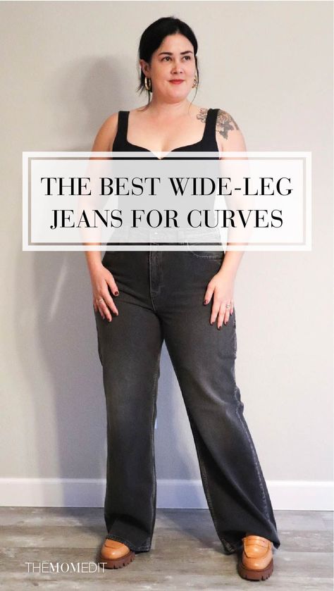 How To Style Wide Leg Black Jeans, Mid Size Baggy Jeans Outfit, Wide Leg Pants Outfit Apple Shape, Loose Wide Leg Jeans Outfit, Best Jeans For Midsize Women, Wide Leg Jeans Outfit Winter Plus Size, How To Style Wide Leg Jeans Plus Size, Fall Fashion Midsize Women, Jeans For Thick Thighs Women