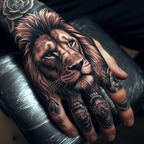 Lion Hand Tattoo Men, Bold Tattoo Designs, Crazy Tattoo Ideas, Lion Hand Tattoo, Bold Tattoo, Fierce Tattoo, Full Hand Tattoo, Tattoo 2024, Tattoos Pictures